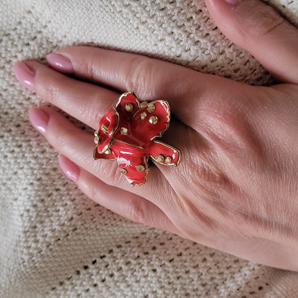 Versace × H&M Collab Rare Red Flower w crystals Fashion Statement Ring sz L